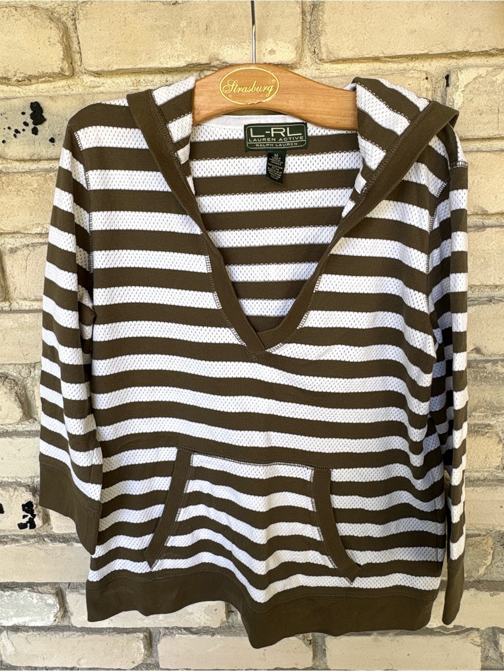 Ralph Lauren Striped Hooded Knit Top in Olive and White